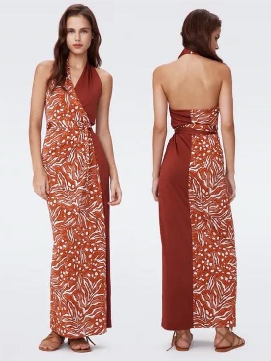 DIANE VON FURSTENBERG Dresses & Skirts - DVF DIANE VON FURSTENBERG chase dress in caramel/chestnut wrap maxi halter 2